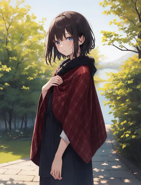 1girl,solo,short yellow bell-bottoms,flower,poncho,outdoors,yellowflower,plaid,long sleeves,looking at viewer,standing,black hair,unmoving pattern,short hair,realistic,nature,tree,brown hair,