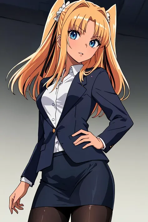 masterpiece, best quality, ultra-detailed, (perfect face, detailed face), <lora:FutabaLilyRamses:0.6>, 1girl, solo, futabalily, long hair, two side up, (dark skin:1.2), hair ribbon, flat chest, business suit, jacket, pencil skirt, pantyhose, cowboy shot