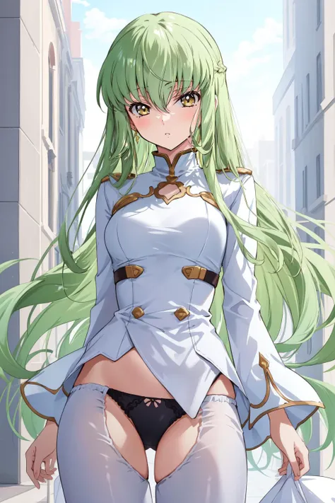 (masterpiece, best quality),  intricate details,
1girl, <lora:cc_codegeas-10:0.8> cc_codegeass, hair between eyes, very long hair, white suit
 <lora:CrotchlessPantsV1A10:0.8> crotchless pants, panties