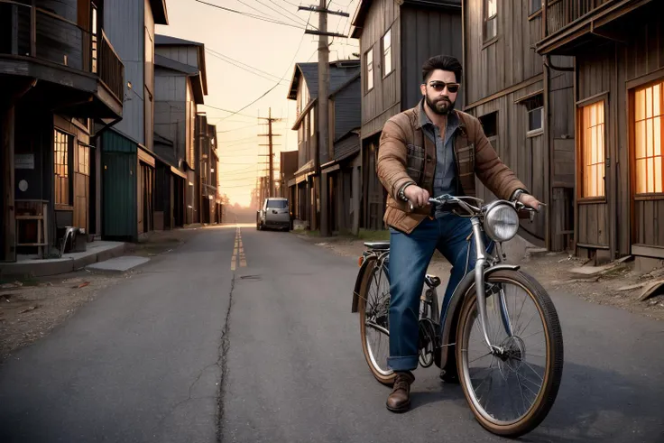 an awarded profesional photography of (1man:1.3) Japanese  with Hazel eyes with  male short beard hairstyle and 5 oclock shadow in silver  color, he wear lumberjack outfit and Sunglasses   Intrigued facial expression, Resting against a vintage bicycle in a...