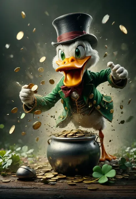 action photo surprised evil Scrooge Mack Duck snatches a pot of gold coins, clover, green, High detailed RAW color Photo, 8k,  <lora:ral-vlntxplzn:1>