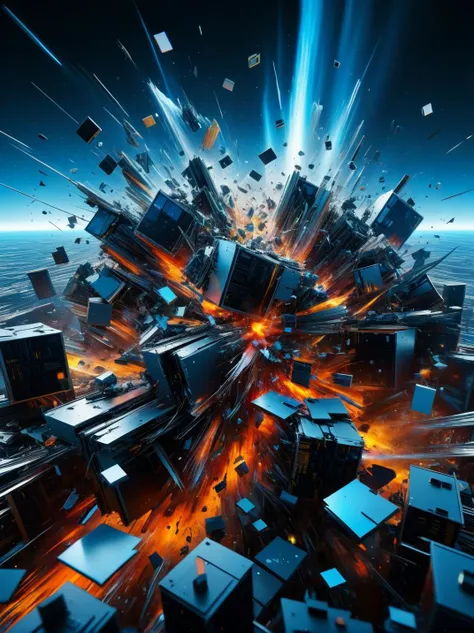 a very large explosion of cubes in the sky with a bright light