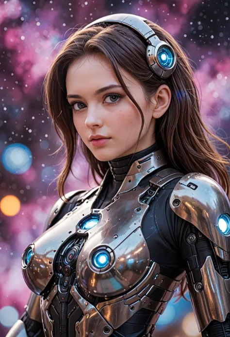 a close up of a woman in a futuristic suit with headphones