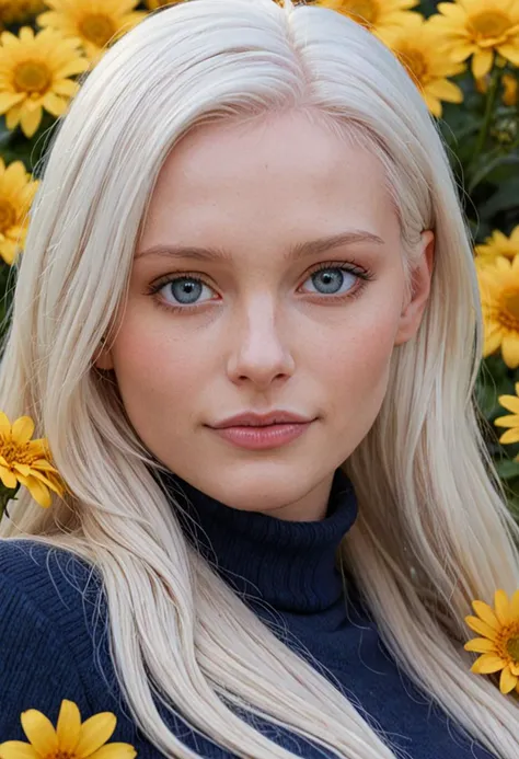 blond woman with blue eyes and long white hair posing in front of yellow flowers