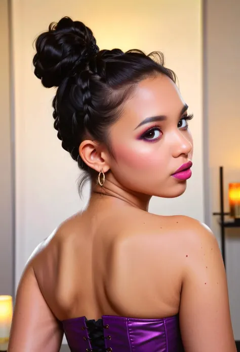 a close up of a woman with a purple dress and a candle