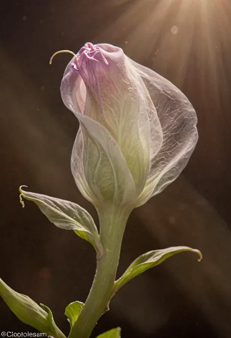 a close up of a flower with a sun shining behind it