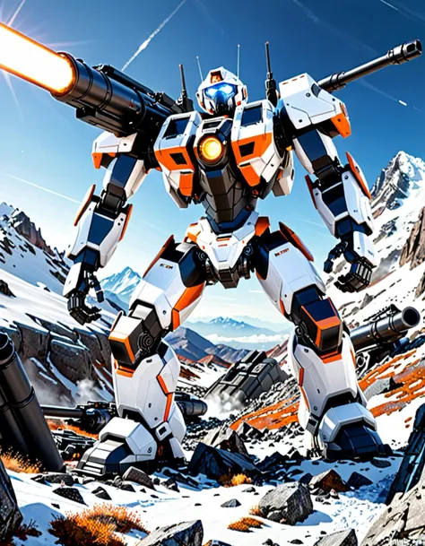 sci-fi style Wide angle digital illustration, (Large combat robot on rocky mountain:1.3), Triangular composition, White robot with gray-black accents, Complex mechanical details, Visible pistons and cables, (Enormous multi-barrel cannon on right shoulder:1...