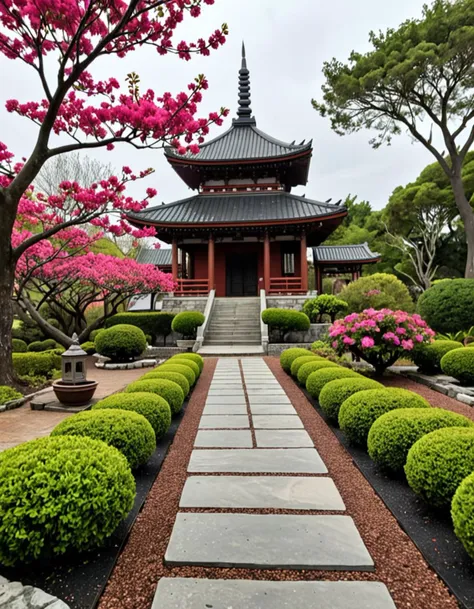 a view of a pagoda with a walkway and a garden with flowers