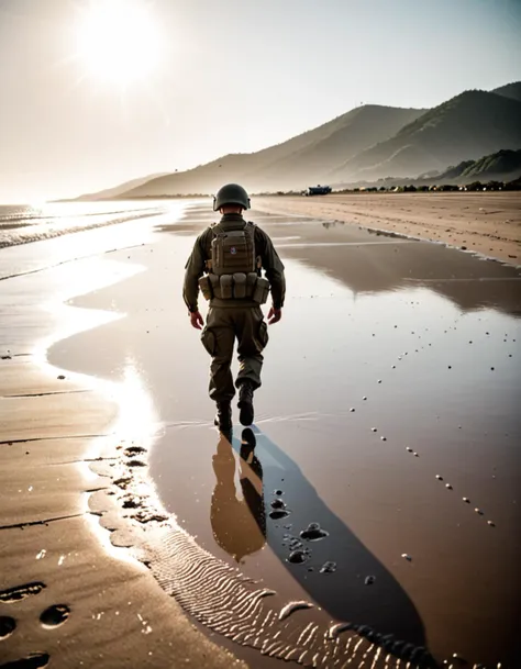 arafed soldier walking on the beach with a backpack