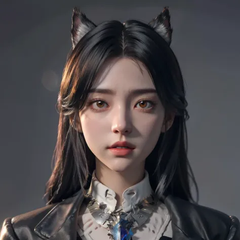 a close up of a woman with a cat ear and a tie