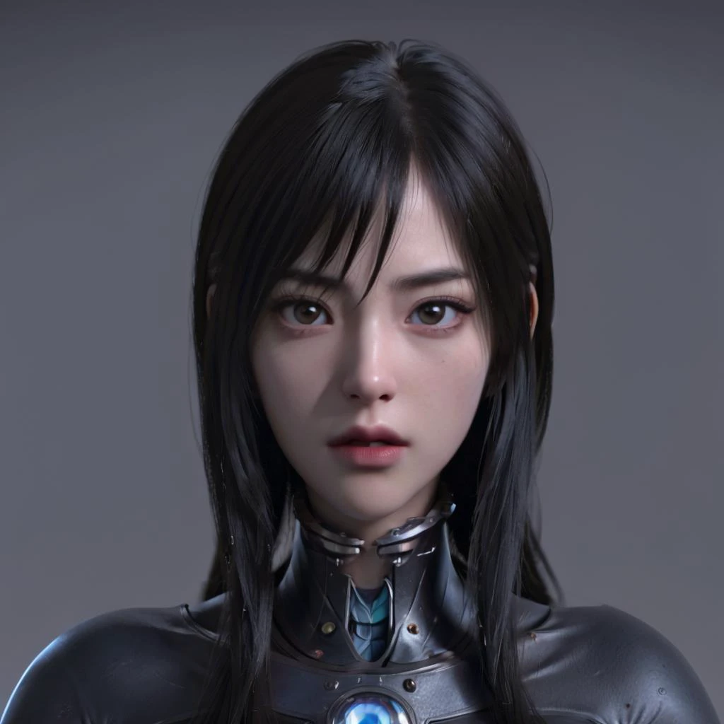 a woman in a black leather outfit with a blue eye