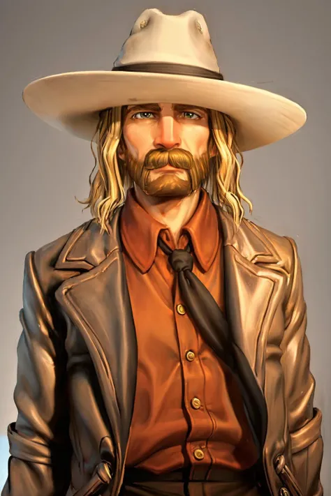 simple background, <lora:Micah_Bell_LoRA_V0.1:.7>, Micah Bell, cowboy, blonde hair, mustache, hat, jacket, best quality,  <lora:STYLEESH_V0.04:.7>