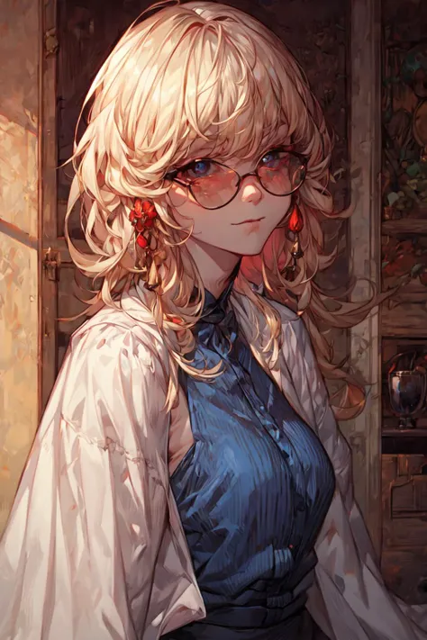 anime girl with blonde hair and glasses in a blue dress