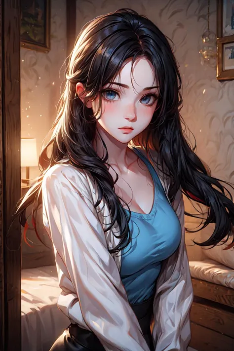 anime girl with long black hair and blue shirt sitting on bed