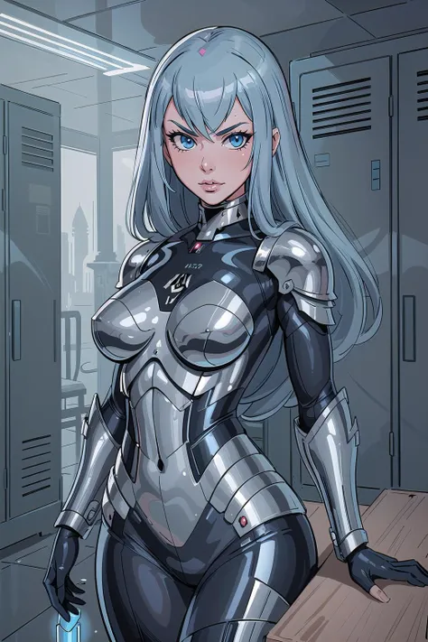 (masterpiece, best_quality, ultra-detailed, immaculate:1.3), epic, illustration, sci-fi heavy knight lord villainess, sexy armor, muted azure hair, Side Part, head down, in a dangerous, streamline moderne locker room,, jumping<lyco:EnvyCuteMix08:1>