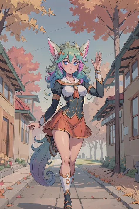 (masterpiece, best_quality, ultra-detailed, immaculate:1.3), epic, illustration, welcoming, 1girl, druid, muted multicolor hair, Topsy Tail,curly hair, in front of a autumn, glowing school,, standing on one leg<lyco:EnvyCuteMix08:1>