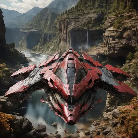 a red and black spaceship flying over a river in a mountainous area