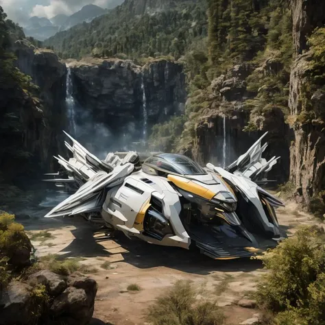 a futuristic vehicle with a waterfall in the background