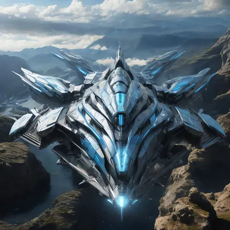 a futuristic spaceship flying over a mountain with a lake in the background