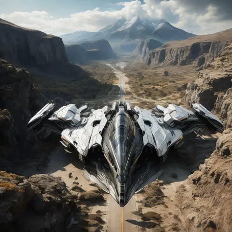 a futuristic fighter jet flying over a desert area with mountains in the background