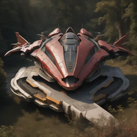 a close up of a futuristic spaceship flying over a forest