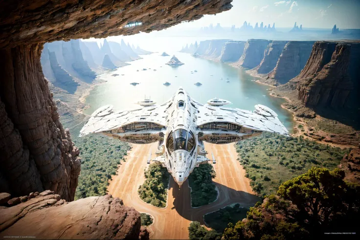 spaceship flying over a river and a mountain with a view of a city