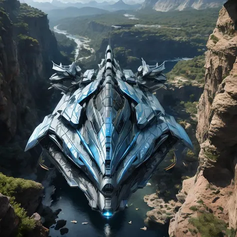 a close up of a futuristic ship flying over a river