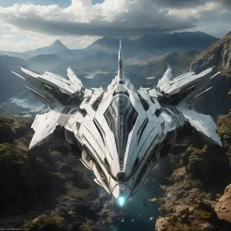 a futuristic spaceship flying over a mountain with a lake in the background