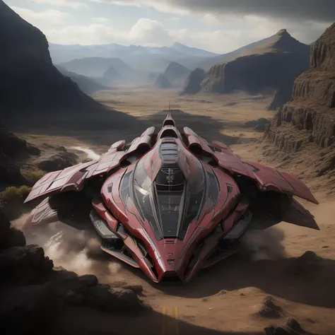 a futuristic vehicle in the desert with mountains in the background