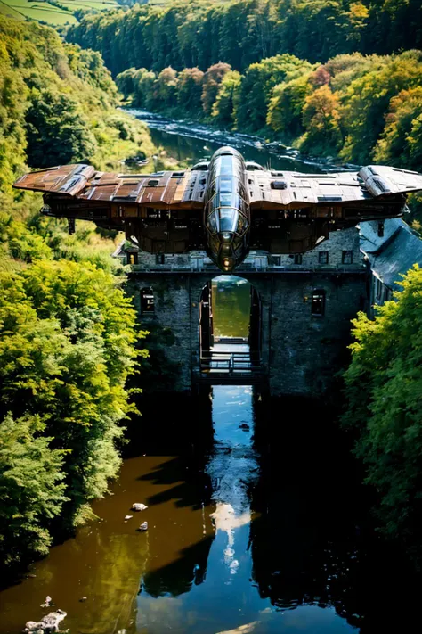 there is a train that is going over a bridge in the woods