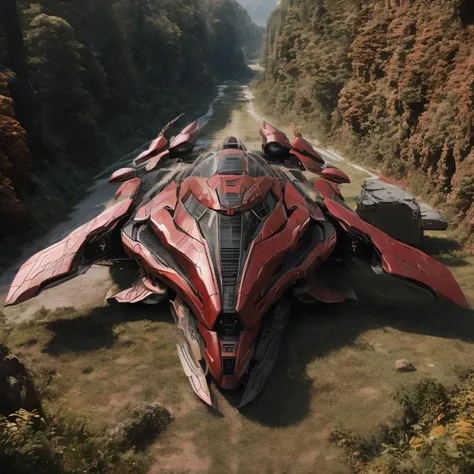 <lora:LoHa_FutSpacecraftV2:0.8> masterpiece, highly detailed photorealistic 8k raw photo, best cinematic quality, volumetric lighting and shadows, Earthy Red ftspcft, cutting-edge design, showcasing sleek lines, advanced features, innovation, futuristic ci...