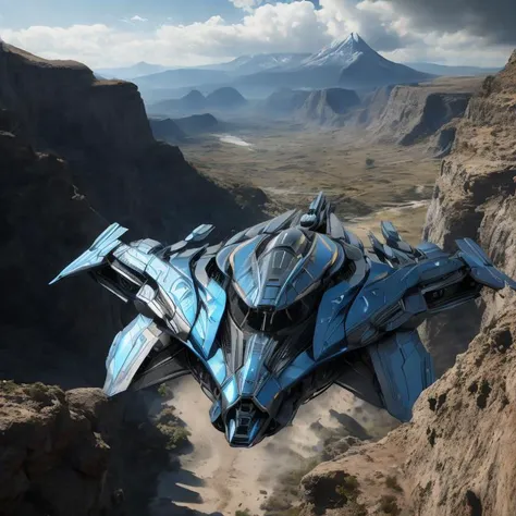 a futuristic spaceship flying over a mountain with a mountain in the background