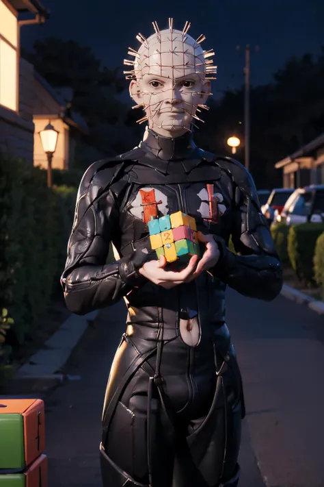 p1nhead, bald, man, black eyes, pale skin, latex bodysuit, looking at viewer, serious, smirk, upper body shot, standing, outside, neighborhood, house,  holding rubiks cube, night time, dark, high quality, masterpiece, <lora:p1nhead:.8>