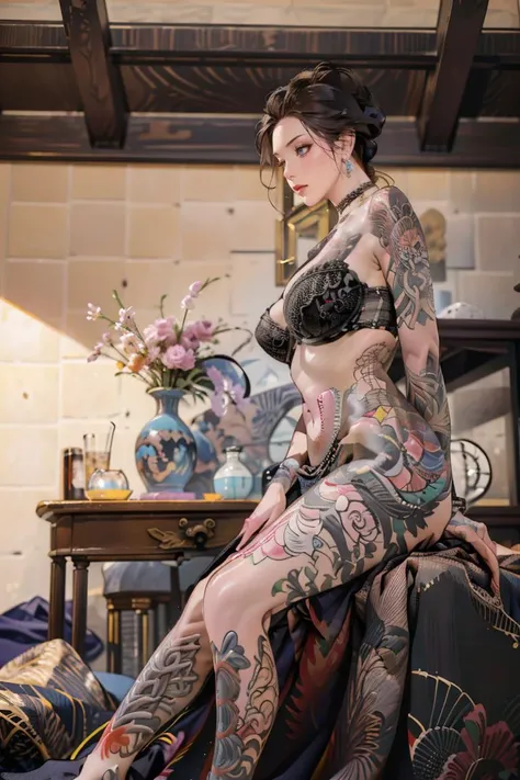 glamour photo of a seductive mature female,outdoors,street photography setting,at a (japan bedroom:1.2),<lora:0220 nude tattoo_v2:0.8>,ruanyi0220,arm tattooback tattoo,full-body tattoo,tattoo,(panties,bra),(medium shot at eye level, from below, on a Fujifi...