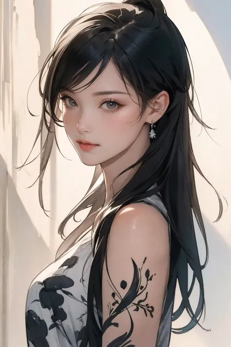 a woman with long black hair and a white top