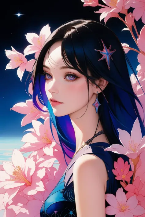 a woman with blue hair and blue eyes standing in front of pink flowers