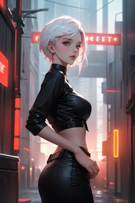 a woman in a black top and leather pants standing in a city