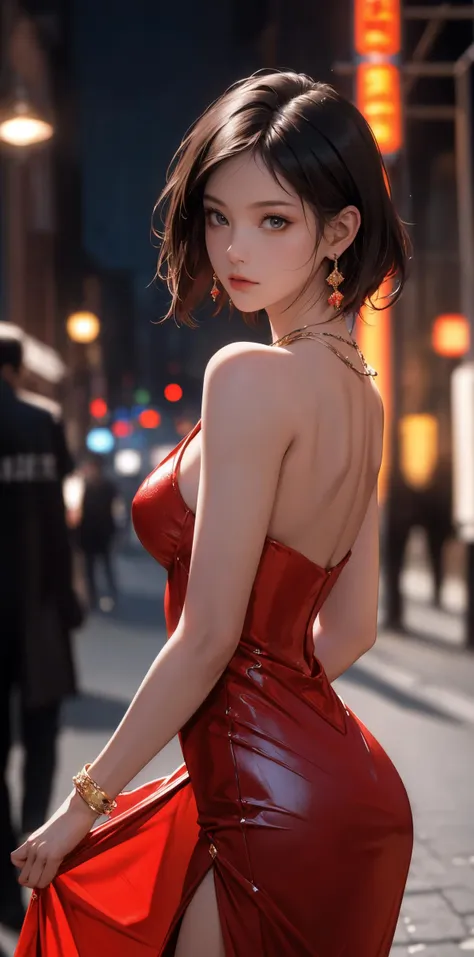 a woman in a red dress posing for a picture on a city street