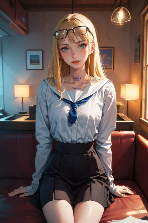 anime girl sitting on a couch with a blue tie and glasses