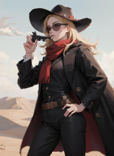 a woman in a cowboy outfit holding a gun in her hand