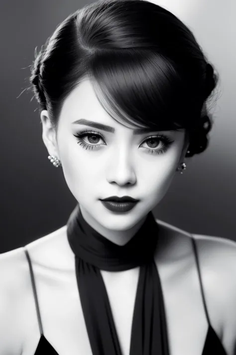 1girl, photo, hazy, realistic, short_hair, looking_at_viewer, black_hair, (updo hairstyle:1.4), solo, black and white, wind blow, open_mouth, greyscale, accessories, ((curls)), red_lips, ulzzang-6500-v1.1,(facing viewer:1.4), 
oldstyle_v1_6500