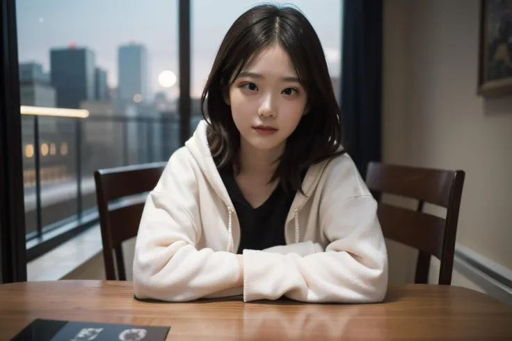 masterpiece,realistic,photographic,raw,bright light,
beautiful face,beautiful eyes,1girl,upper body,
sitting,arm on table,
moon,galaxy,cityscape,hoodie,
looking at viewer,