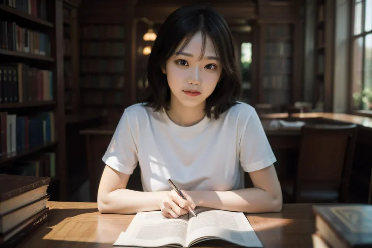 masterpiece,realistic,photographic,raw,bright light,
beautiful face,beautiful eyes,1girl,upper body,
library,shirt,
sitting,arm on table,
looking at viewer,