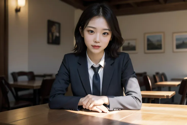 masterpiece,realistic,photographic,raw,bright light,
beautiful face,beautiful eyes,1girl,upper body,
cafe,business suit,
sitting,arm on table,
looking at viewer,