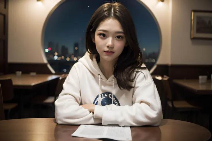 masterpiece,realistic,photographic,raw,bright light,
beautiful face,beautiful eyes,1girl,upper body,
sitting,arm on table,
moon,galaxy,cityscape,hoodie,
looking at viewer,