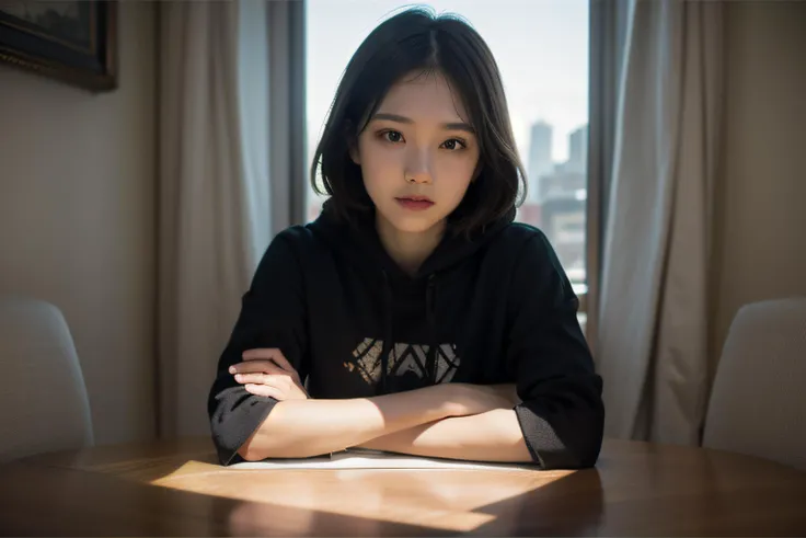 masterpiece,realistic,photographic,raw,bright light,
beautiful face,beautiful eyes,1girl,upper body,
sitting,arm on table,
moon,galaxy,cityscape,hoodie,
looking at viewer,