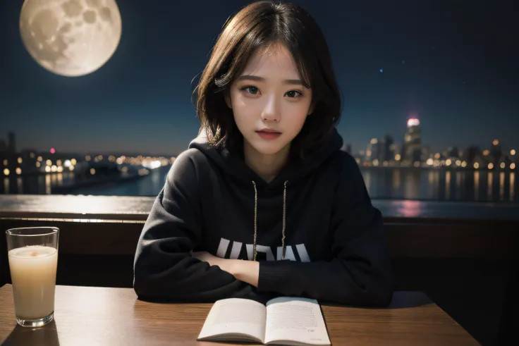 masterpiece,realistic,photographic,raw,bright light,
beautiful face,beautiful eyes,1girl,upper body,
sitting,arm on table,
moon,galaxy,cityscape,hoodie,
looking at viewer,