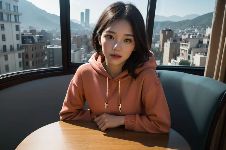 masterpiece,realistic,photographic,raw,bright light,
beautiful face,beautiful eyes,1girl,upper body,
sitting,arm on table,
moon,galaxy,cityscape,hoodie,
looking at viewer,