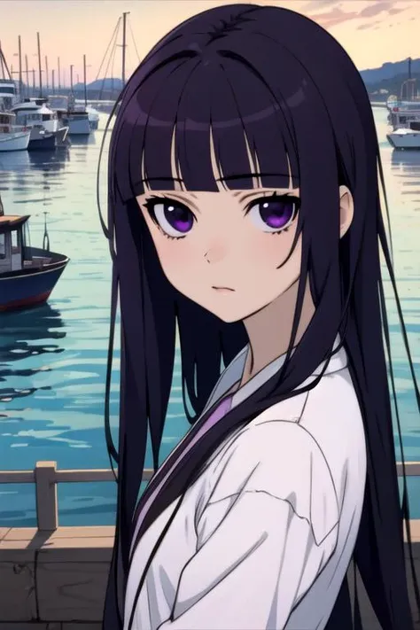 masterpiece, best quality, illustration, 1girl, solo, looking at viewer, , , , realistic, <lora:ririchiyo_shirakiin:0.72>, ririchiyo_shirakiin, black hair, purple eyes, long hair, , harbor, 8k resolution