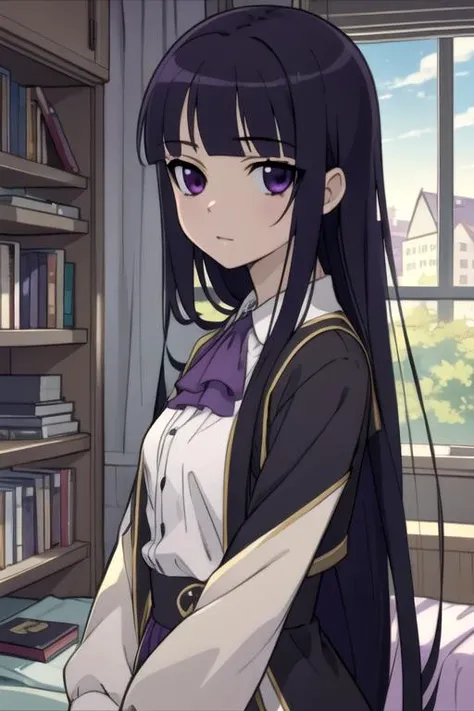 masterpiece, best quality, game cg, 1girl, solo, looking at viewer, upper body, depth of field, anime coloring, , <lora:ririchiyo_shirakiin:0.66>, ririchiyo_shirakiin, black hair, purple eyes, long hair, irish costume, messy room, 32k resolution